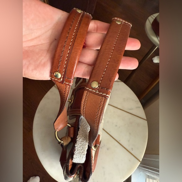 Coach Hamptons Turnlock Cream Embroidered Cs Tan Leather Trim Satchel Handbag - Picture 7 of 8